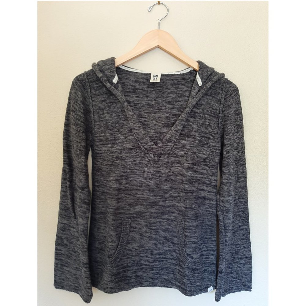 Roxy brand size L grey heather V-neck cotton pullover hoodie sweater